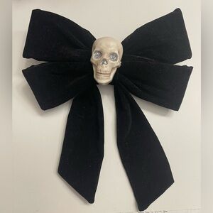 Black Velvet Bow with Skull Accent Oversized Halloween Goth Spooky